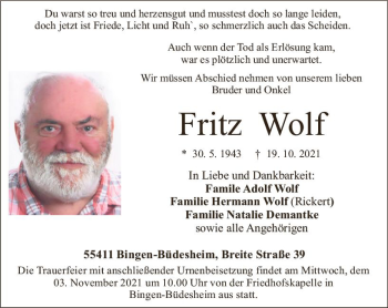 Traueranzeige von Fritz Wolf von vrm-trauer