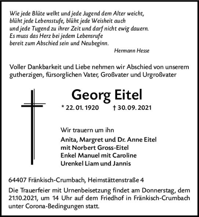 Traueranzeige für Georg Eitel vom 19.10.2021 aus vrm-trauer