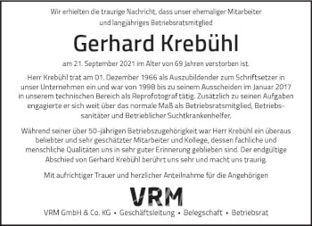 Traueranzeige von Gerhard Krebühl von vrm-trauer