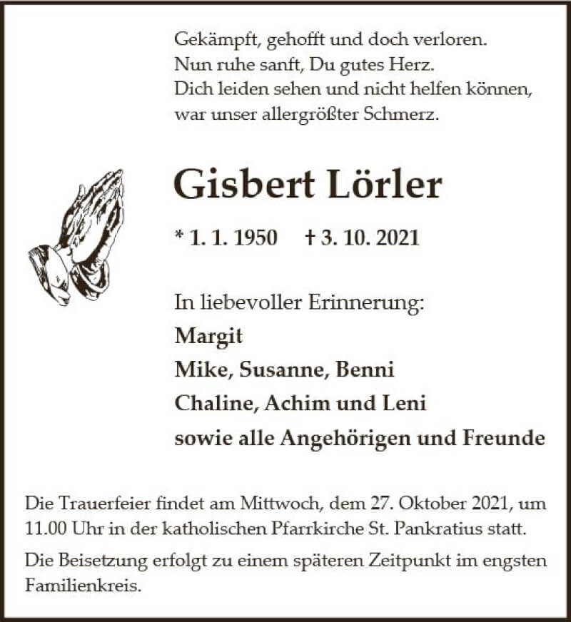  Traueranzeige für Gisbert Lörler vom 23.10.2021 aus vrm-trauer