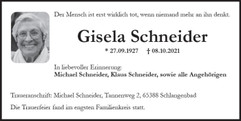 Traueranzeige von Gisela Schneider von vrm-trauer
