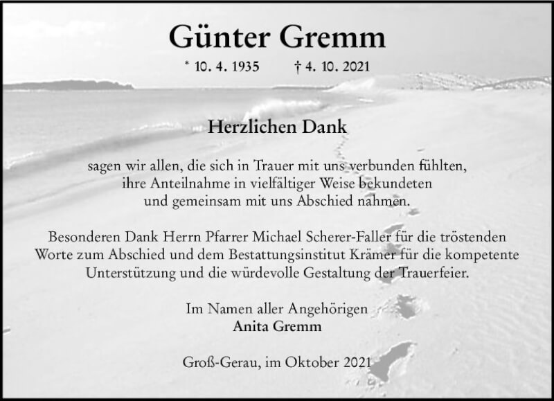  Traueranzeige für Günter Gremm vom 23.10.2021 aus vrm-trauer