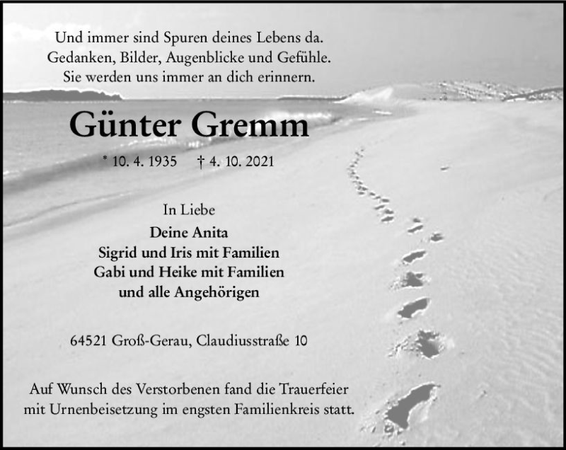  Traueranzeige für Günter Gremm vom 16.10.2021 aus vrm-trauer