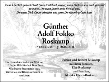 Traueranzeige von Günther Adolf Fokko Roskamp von vrm-trauer