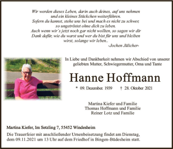 Traueranzeige von Hanne Hoffmann von vrm-trauer