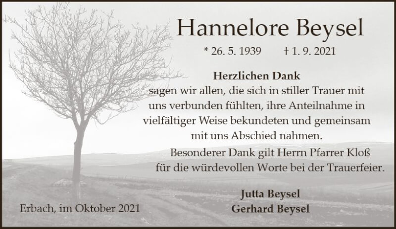  Traueranzeige für Hannelore Beysel vom 09.10.2021 aus vrm-trauer