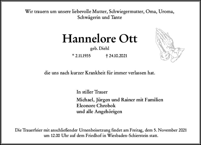  Traueranzeige für Hannelore Ott vom 30.10.2021 aus vrm-trauer