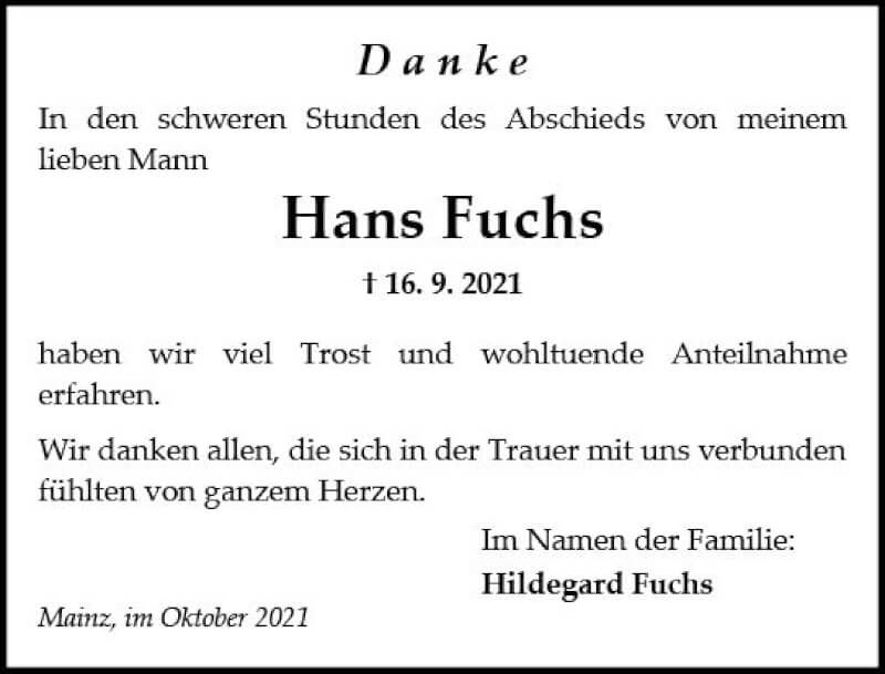  Traueranzeige für Hans Fuchs vom 23.10.2021 aus vrm-trauer