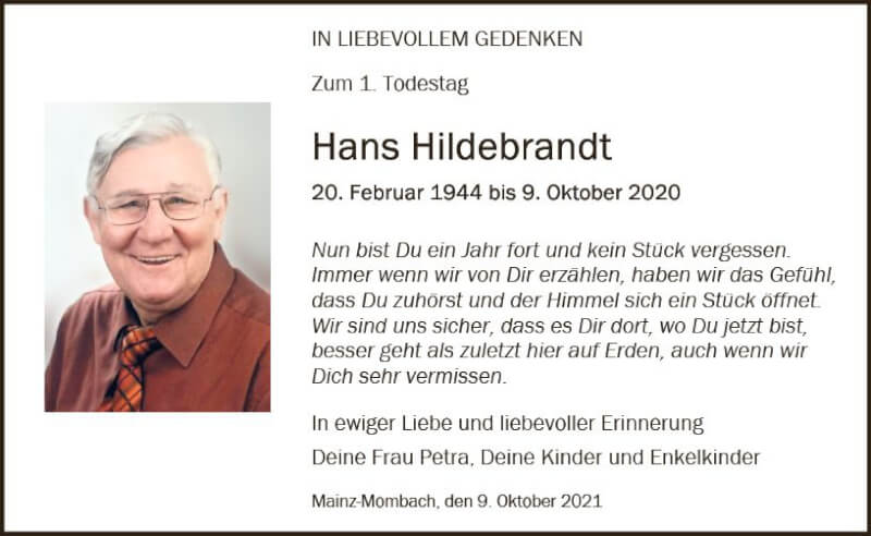  Traueranzeige für Hans Hildebrandt vom 09.10.2021 aus vrm-trauer
