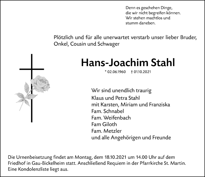  Traueranzeige für Hans-Joachim Stahl vom 13.10.2021 aus vrm-trauer