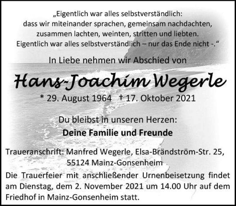  Traueranzeige für Hans-Joachim Wegerle vom 30.10.2021 aus vrm-trauer