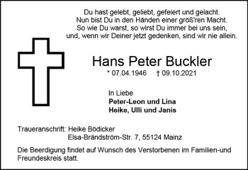 Traueranzeige von Hans Peter Buckler von vrm-trauer