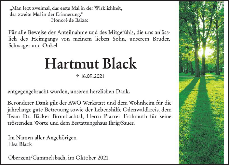  Traueranzeige für Hartmut Black vom 16.10.2021 aus vrm-trauer