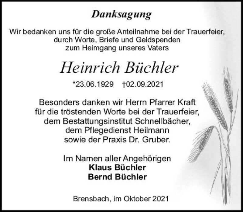  Traueranzeige für Heinrich Büchler vom 09.10.2021 aus vrm-trauer