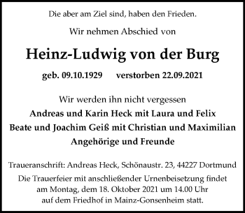 Traueranzeige von Heinz-Ludwig von der Burg von vrm-trauer