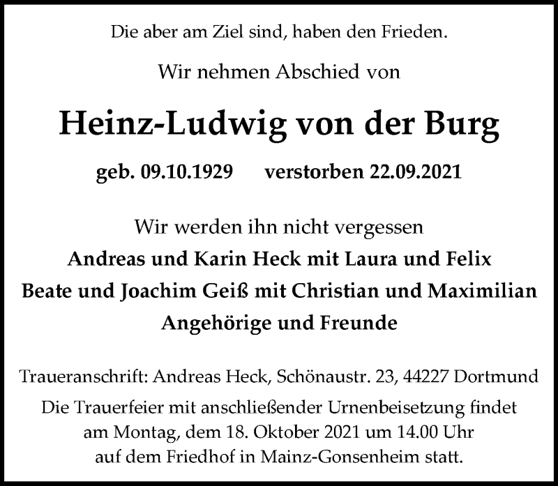  Traueranzeige für Heinz-Ludwig von der Burg vom 13.10.2021 aus vrm-trauer