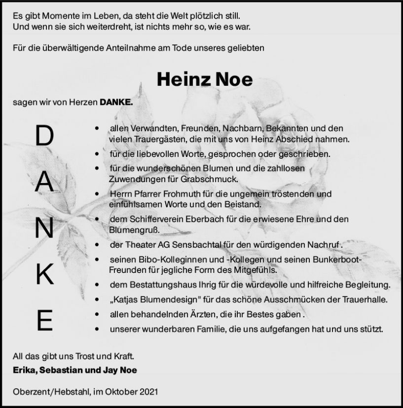  Traueranzeige für Heinz Noe vom 16.10.2021 aus vrm-trauer