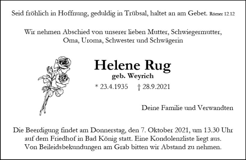  Traueranzeige für Helene Rug vom 02.10.2021 aus vrm-trauer