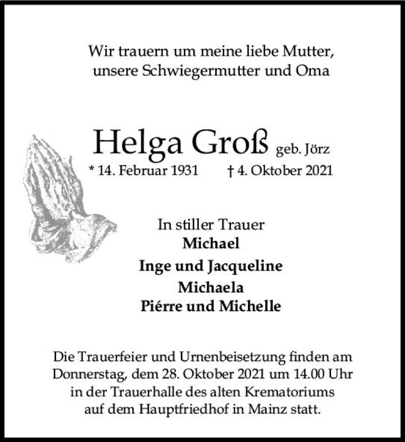  Traueranzeige für Helga Groß vom 16.10.2021 aus vrm-trauer