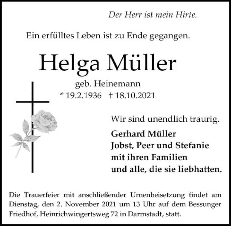  Traueranzeige für Helga Müller vom 23.10.2021 aus vrm-trauer