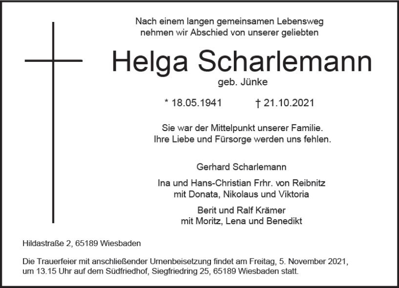  Traueranzeige für Helga Scharlemann vom 30.10.2021 aus vrm-trauer