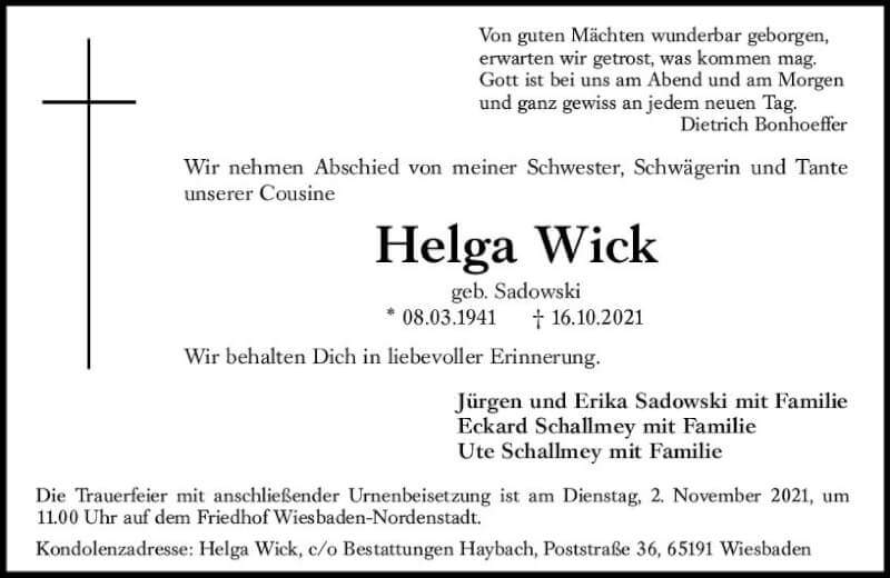  Traueranzeige für Helga Wick vom 23.10.2021 aus vrm-trauer
