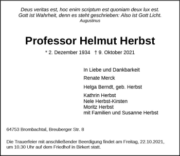 Traueranzeige von Helmut Herbst von vrm-trauer