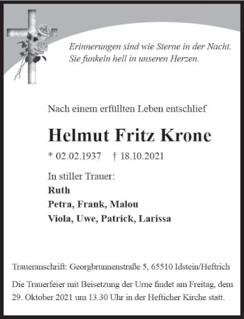 Traueranzeige von Helmut Fritz Krone von vrm-trauer