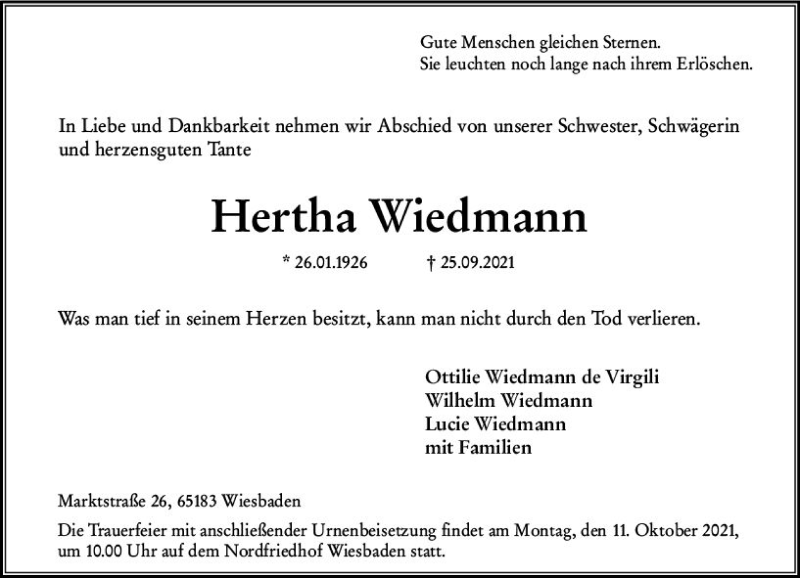  Traueranzeige für Hertha Wiedmann vom 02.10.2021 aus vrm-trauer