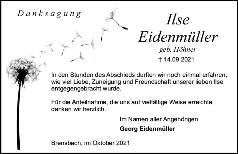  Traueranzeige für Ilse Eidenmüller vom 16.10.2021 aus vrm-trauer
