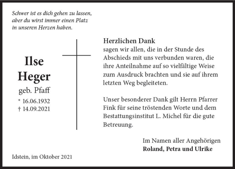  Traueranzeige für Ilse Heger vom 02.10.2021 aus vrm-trauer