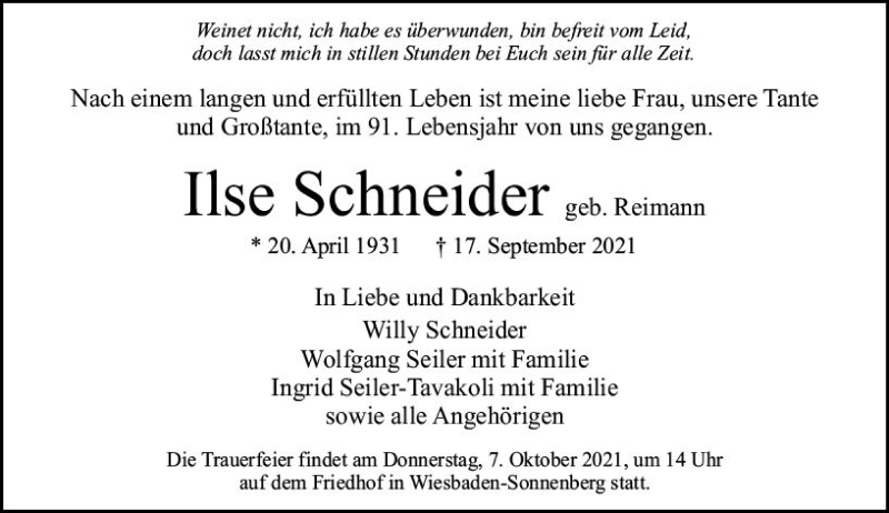  Traueranzeige für Ilse Schneider vom 02.10.2021 aus vrm-trauer