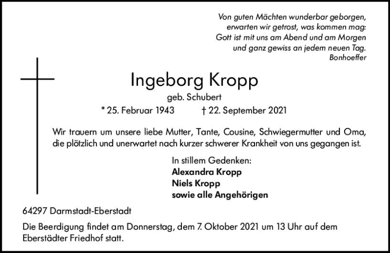  Traueranzeige für Ingeborg Kropp vom 02.10.2021 aus vrm-trauer