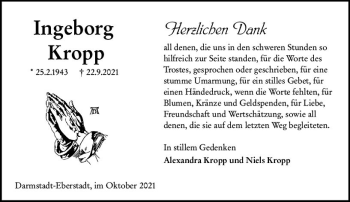 Traueranzeige von Ingeborg Kropp von vrm-trauer