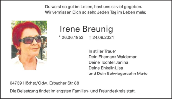 Traueranzeige von Irene Breunig von vrm-trauer