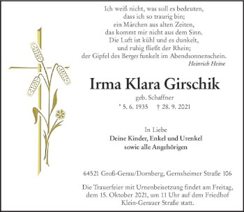 Traueranzeige von Irma Klara Girschik von vrm-trauer