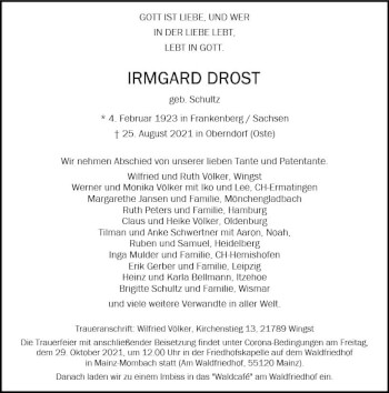 Traueranzeige von Irmgard Drost von vrm-trauer
