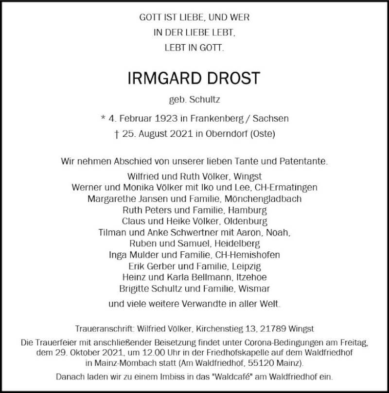 Traueranzeige für Irmgard Drost vom 23.10.2021 aus vrm-trauer