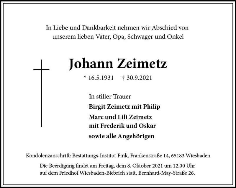  Traueranzeige für Johann Zeimetz vom 05.10.2021 aus vrm-trauer