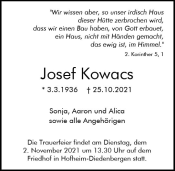 Traueranzeige von Josef Kowacs von vrm-trauer