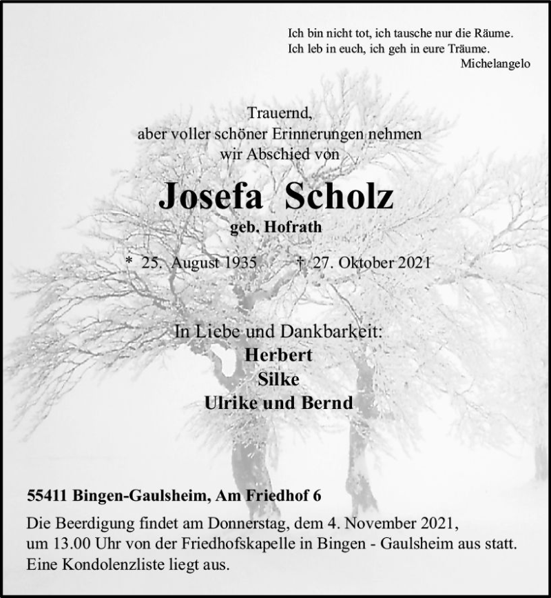  Traueranzeige für Josefa Scholz vom 30.10.2021 aus vrm-trauer