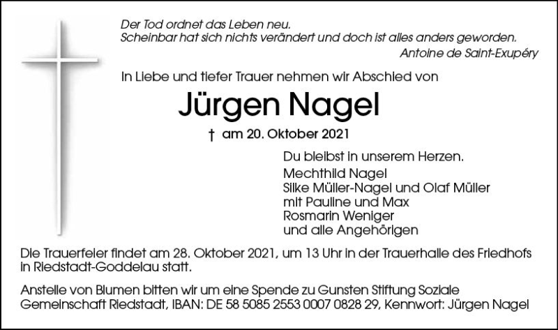  Traueranzeige für Jürgen Nagel vom 26.10.2021 aus vrm-trauer