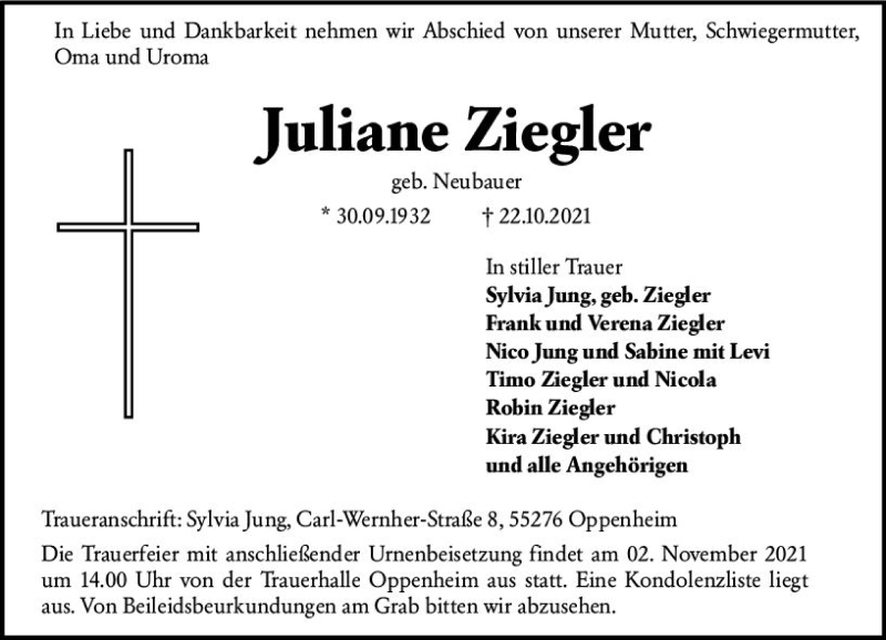  Traueranzeige für Juliane Ziegler vom 30.10.2021 aus vrm-trauer