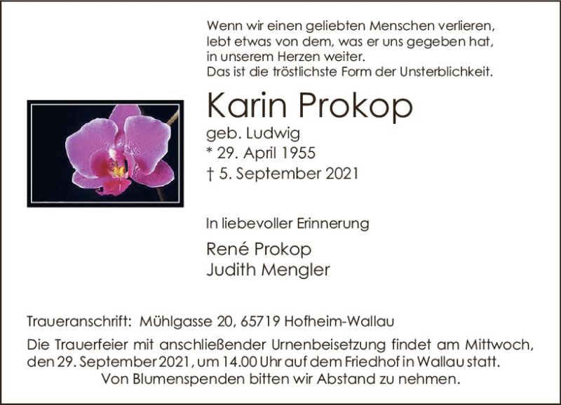  Traueranzeige für Karin Prokop vom 02.10.2021 aus vrm-trauer
