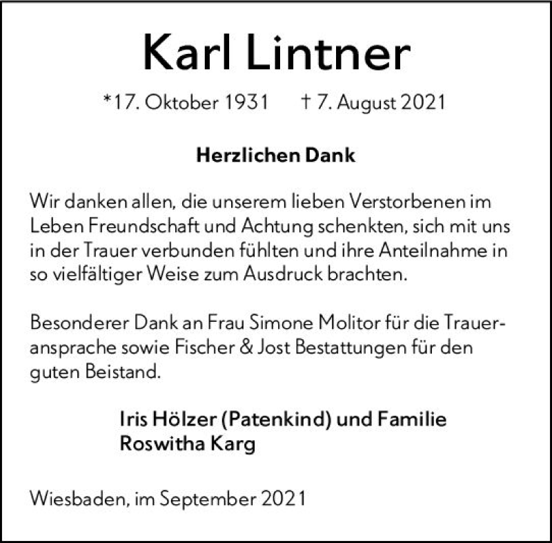  Traueranzeige für Karl Lintner vom 02.10.2021 aus vrm-trauer