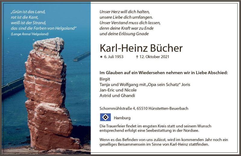  Traueranzeige für Karl Heinz Bücher vom 16.10.2021 aus vrm-trauer