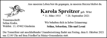 Traueranzeige von Karola Spreitzer von vrm-trauer