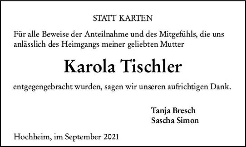  Traueranzeige für Karola Tischler vom 01.10.2021 aus vrm-trauer
