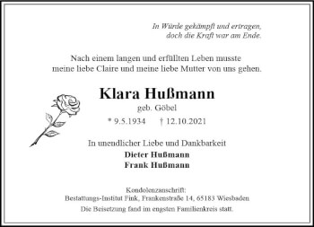 Traueranzeige von Klara Hußmann von vrm-trauer