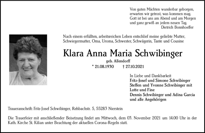  Traueranzeige für Klara Anna Maria Schwibinger vom 30.10.2021 aus vrm-trauer
